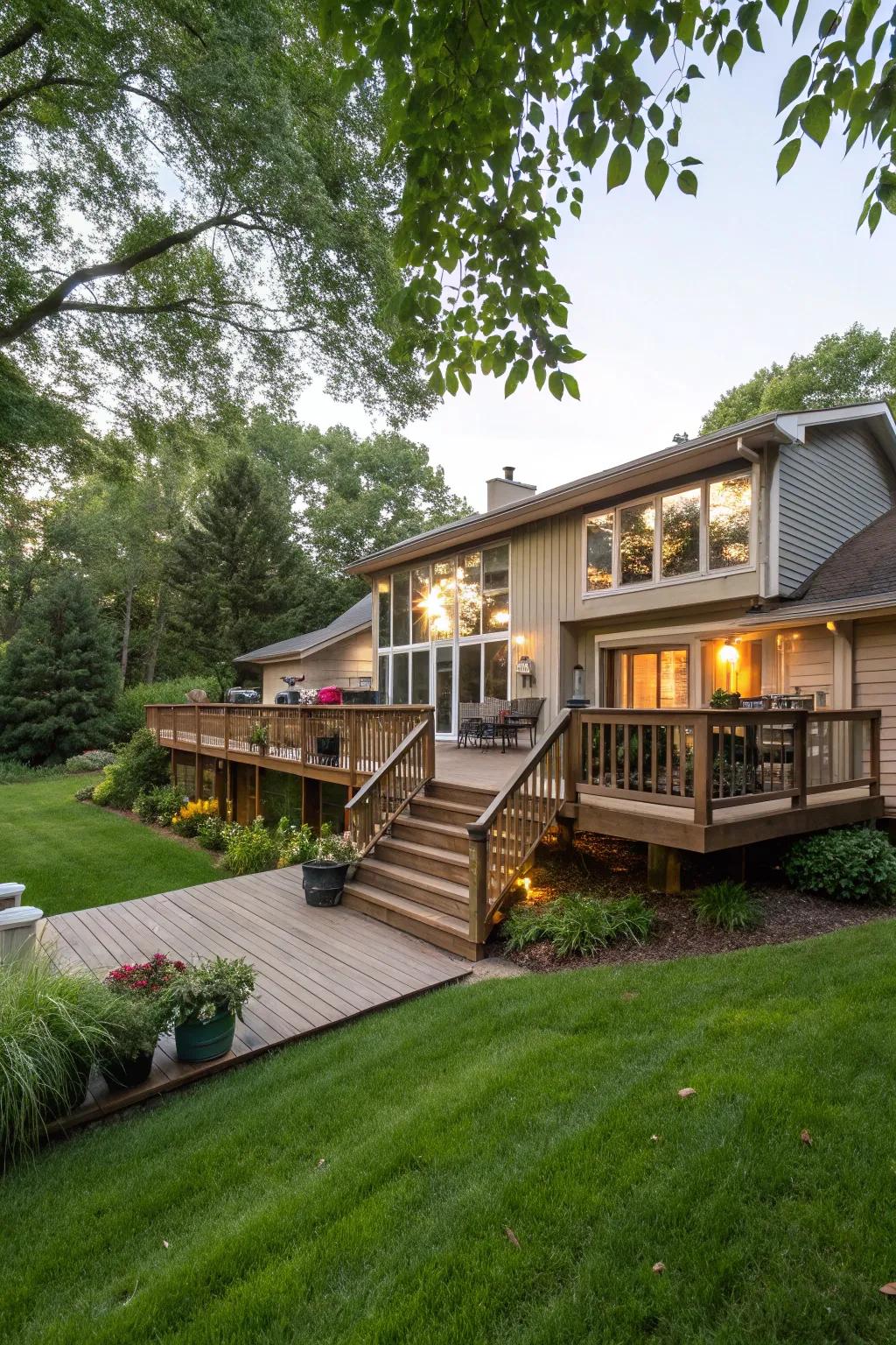 A spacious deck on a raised ranch, perfect for outdoor entertaining.