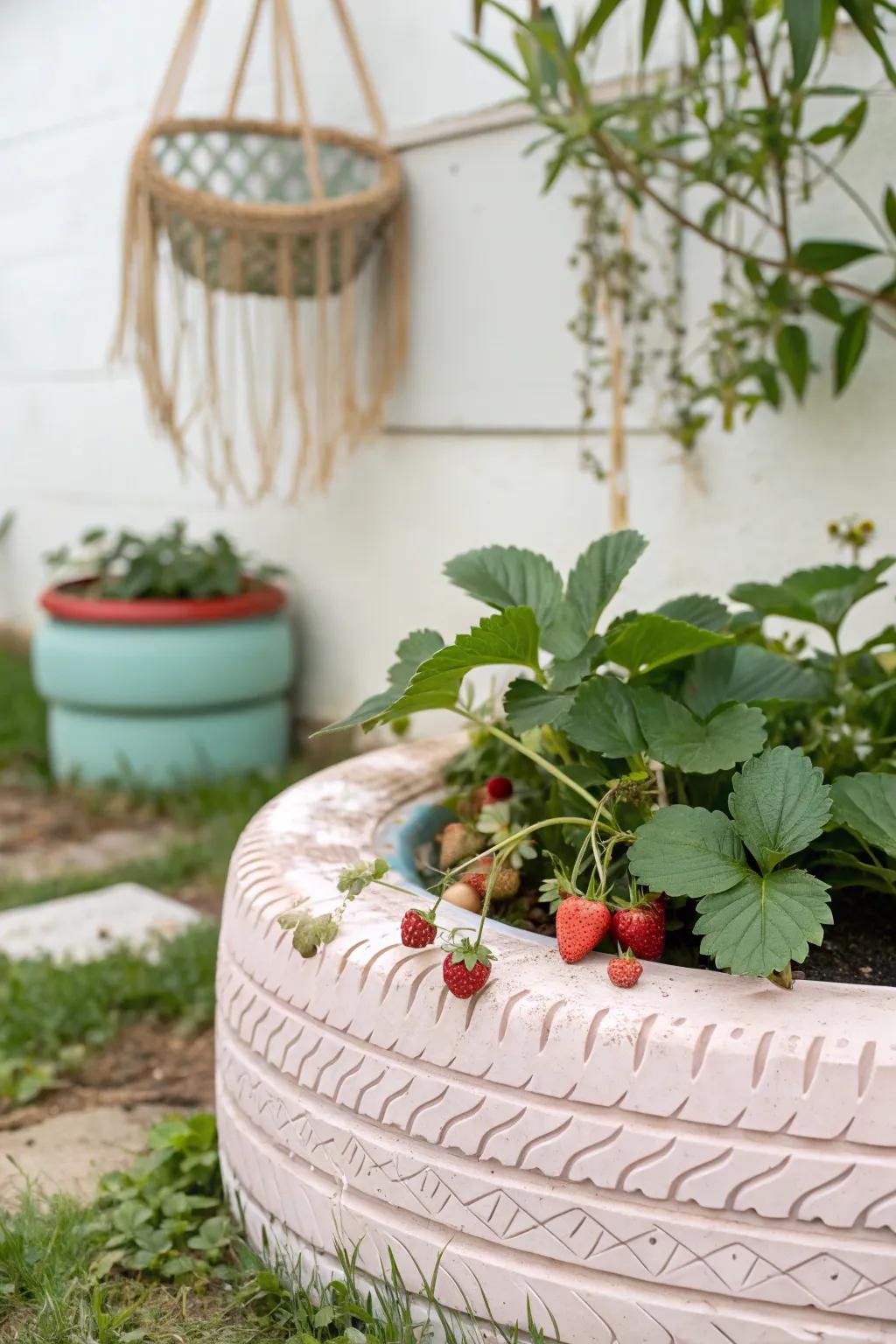 Transform old tires into charming strawberry planters for a sustainable and stylish garden touch!