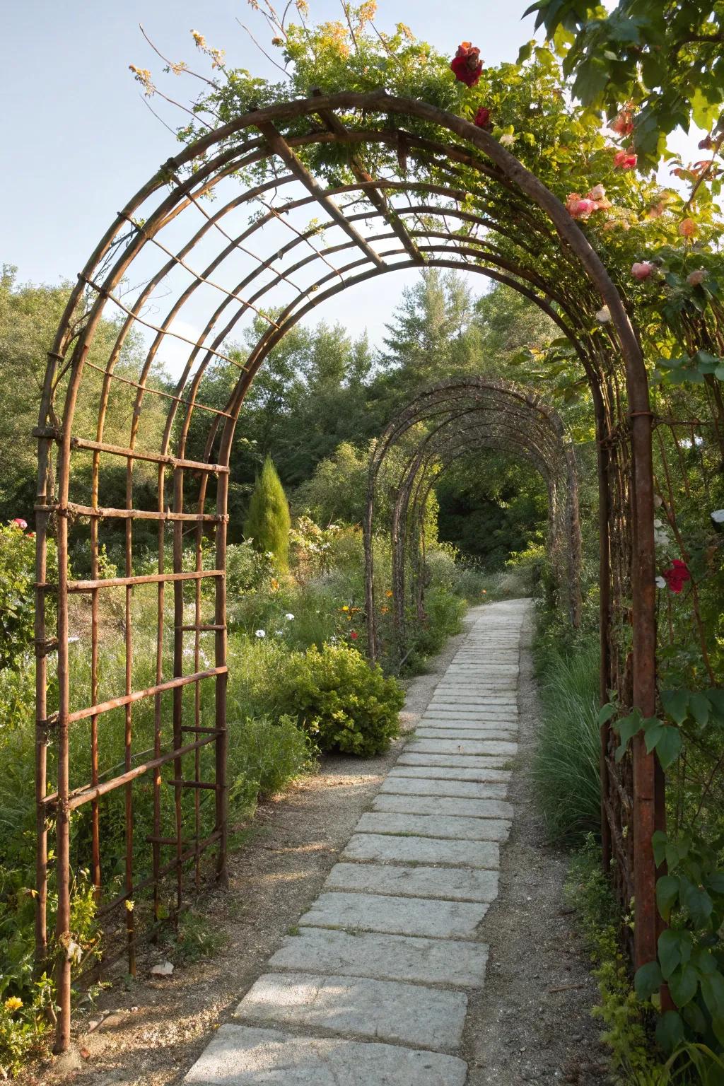 Transform your garden with a stunning rebar archway trellis, where industrial meets nature's artistry.