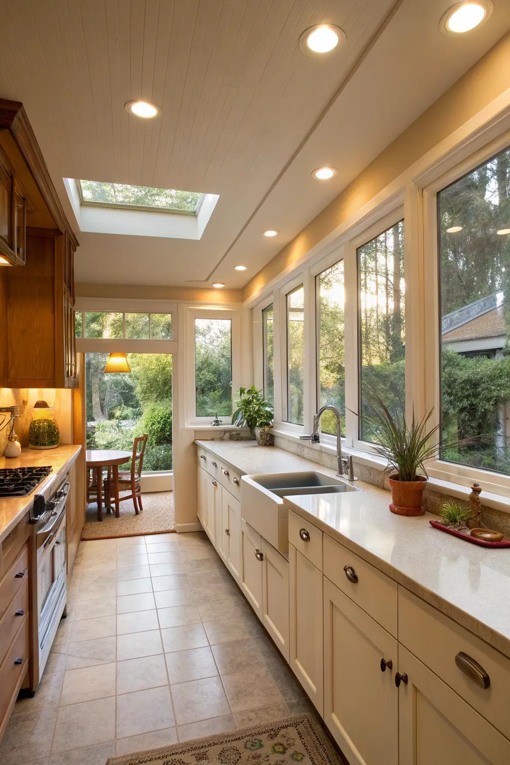 Natural and recessed lighting combine for a bright, airy kitchen.