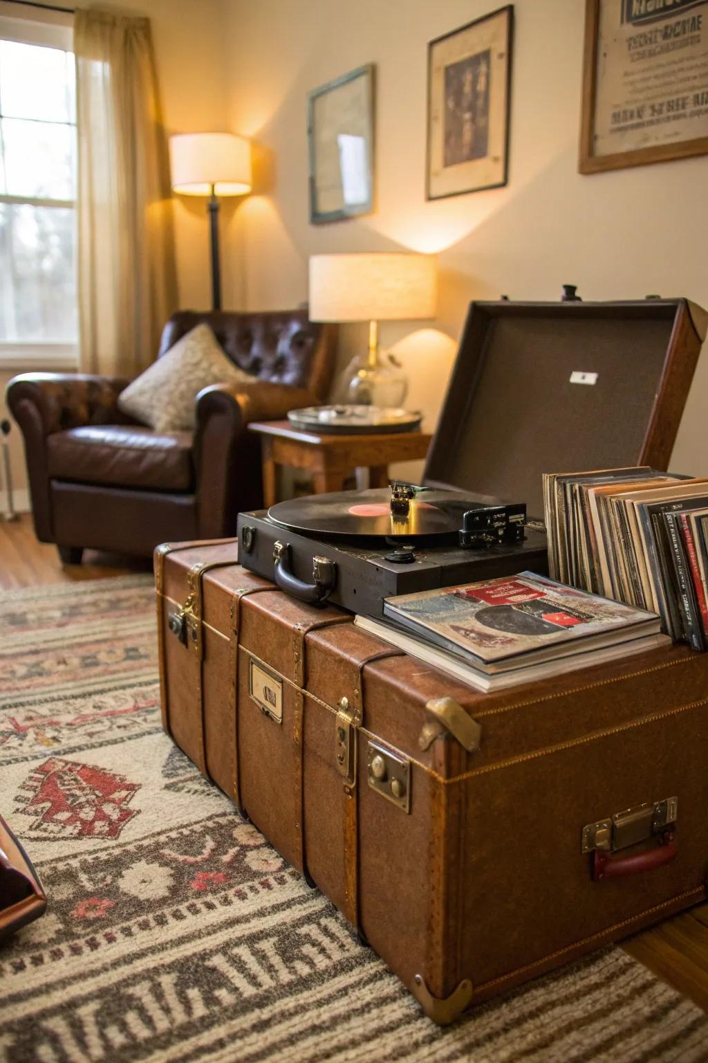 Quirky record player setup with a vintage suitcase stand.