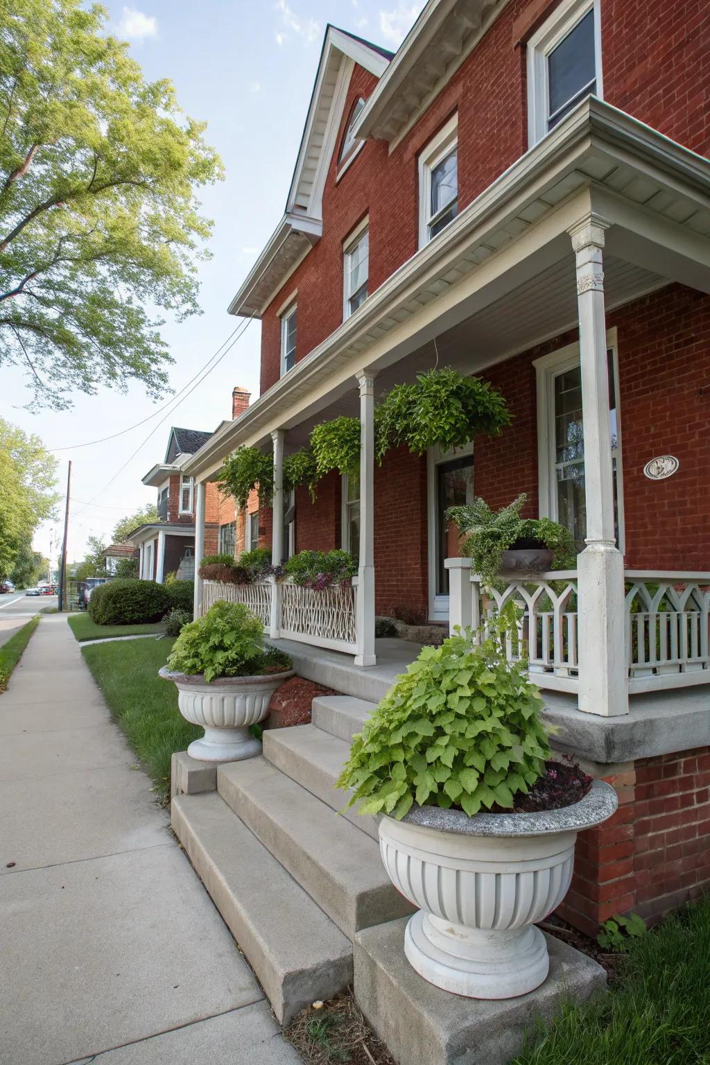 Symmetrical planters offer a balanced and inviting entrance to a red brick home.