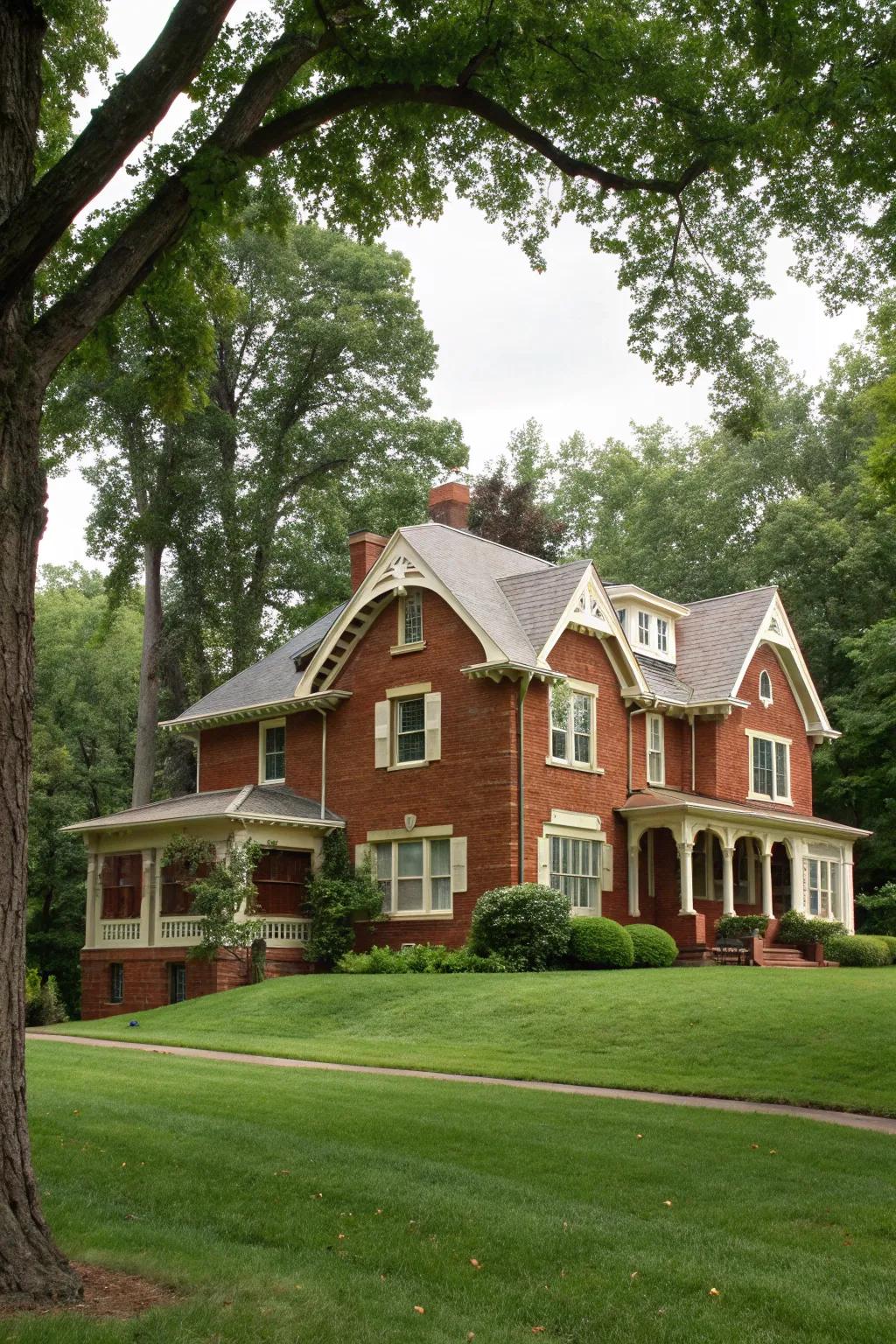 Smooth trim softens the intensity of red brick, crafting an inviting exterior.