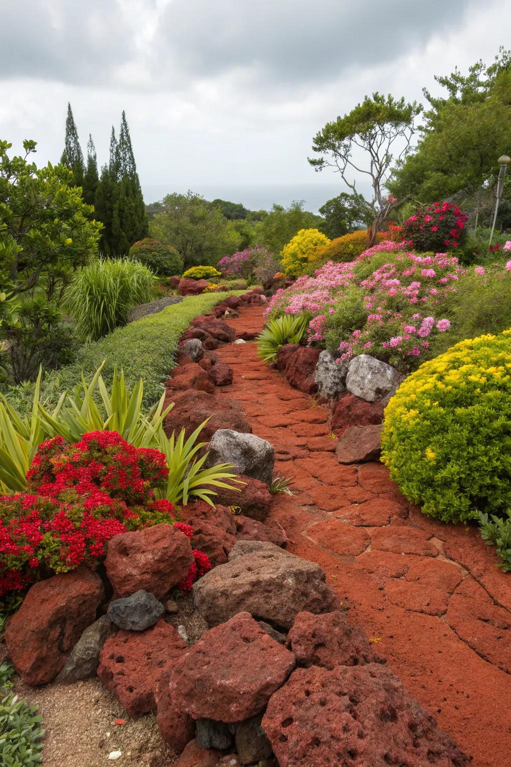 The color contrast between red lava rocks and vibrant plants is breathtaking.