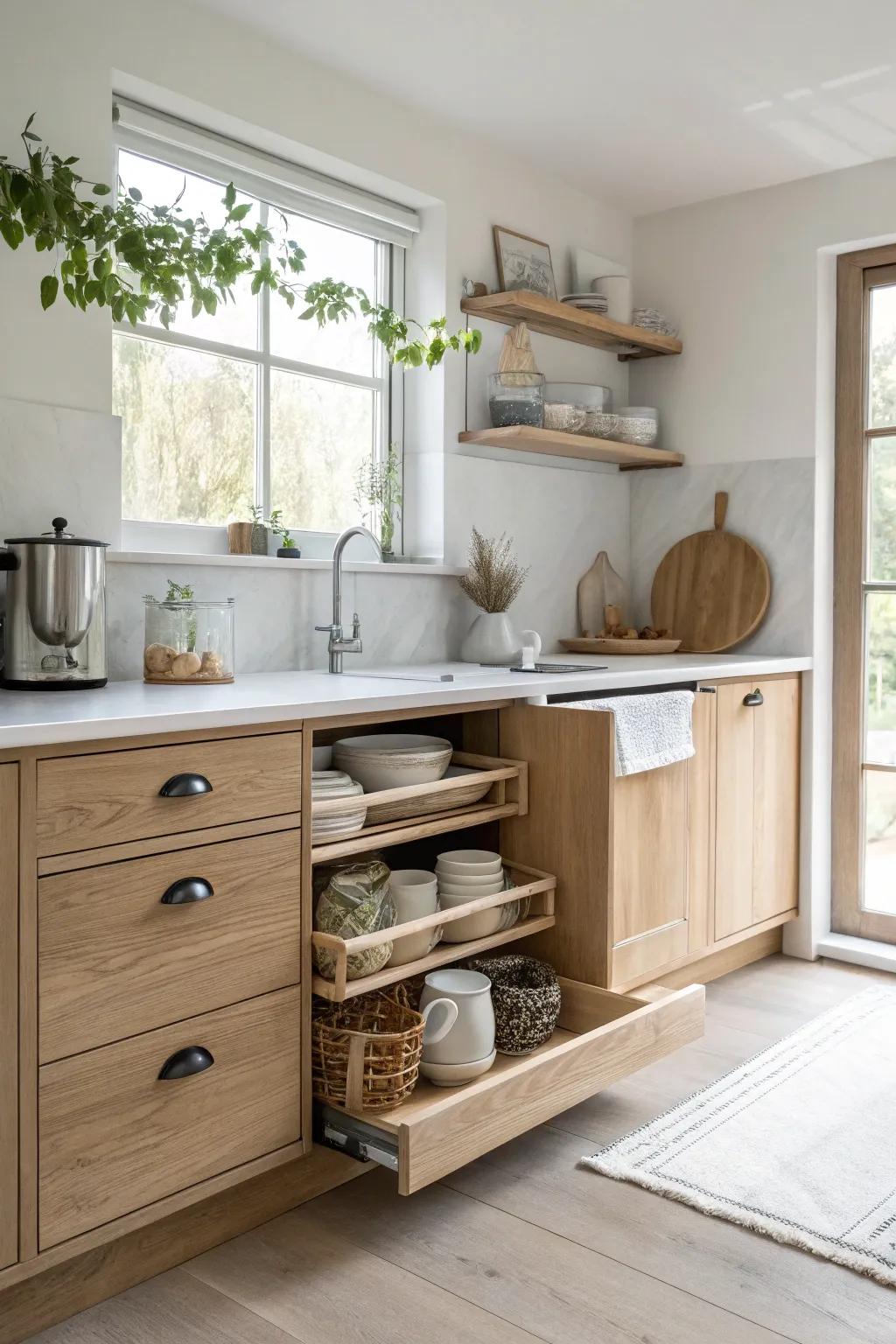 Discover the art of hidden storage: Transform your dishwasher space into a minimalist masterpiece.