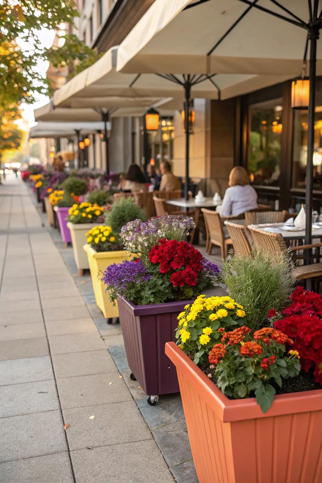 A restaurant patio adorned with colorful planters, adding vibrant accents.