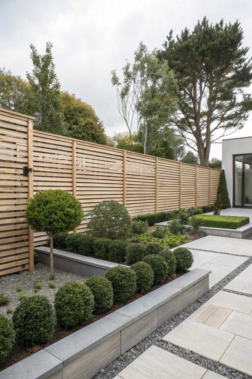 A minimalist garden featuring contemporary horizontal wooden slat fencing.