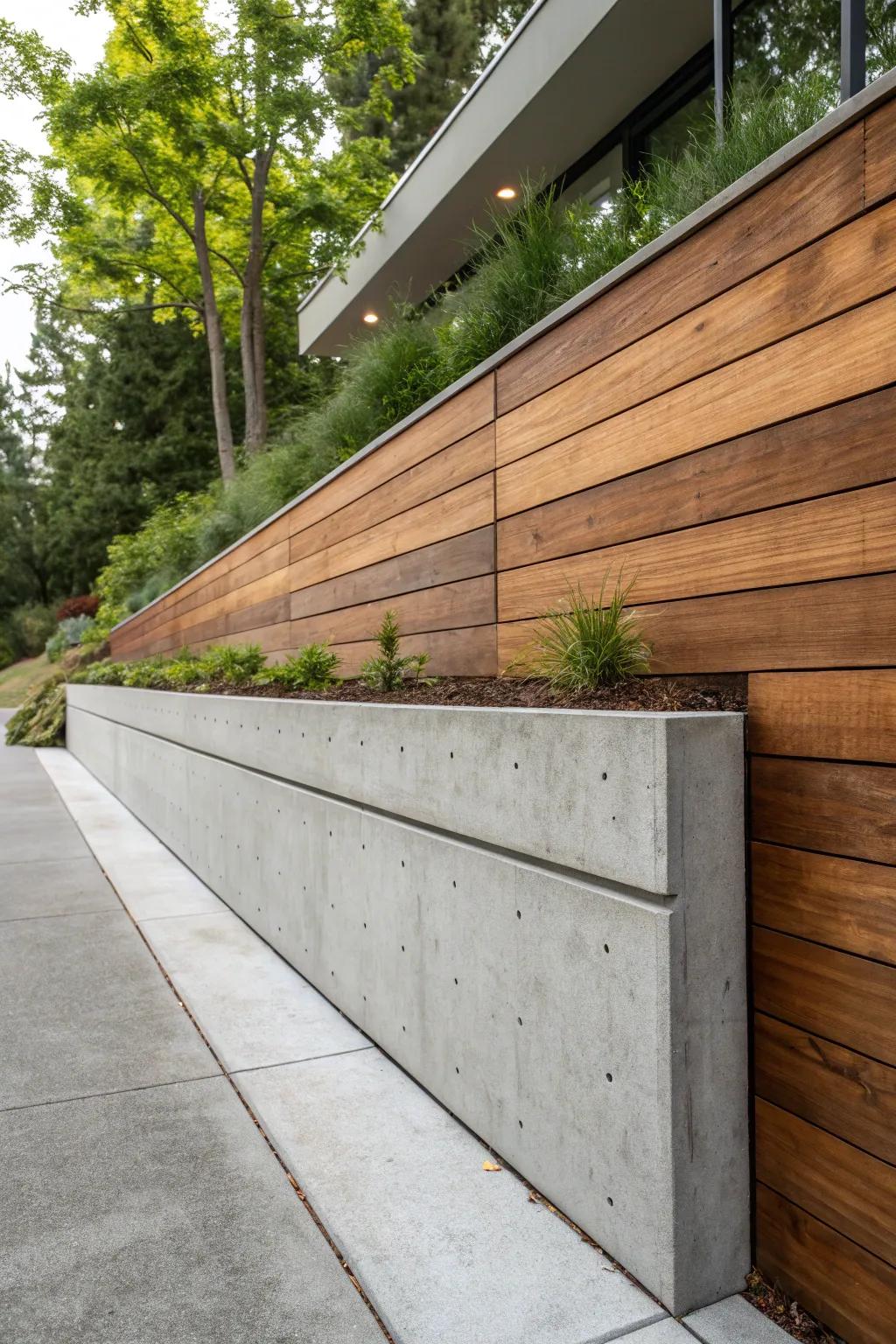 Elevate your outdoor zone by way of the seamless fusion of concrete and timber, culminating in a contemporary retaining wall.
