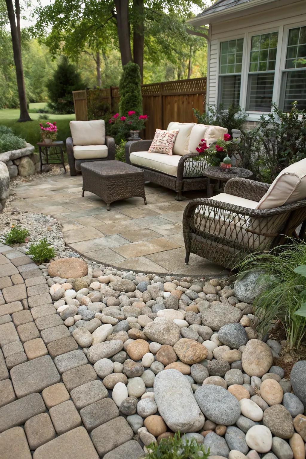A textured patio crafted from stream stones provides a cozy location for relaxation.