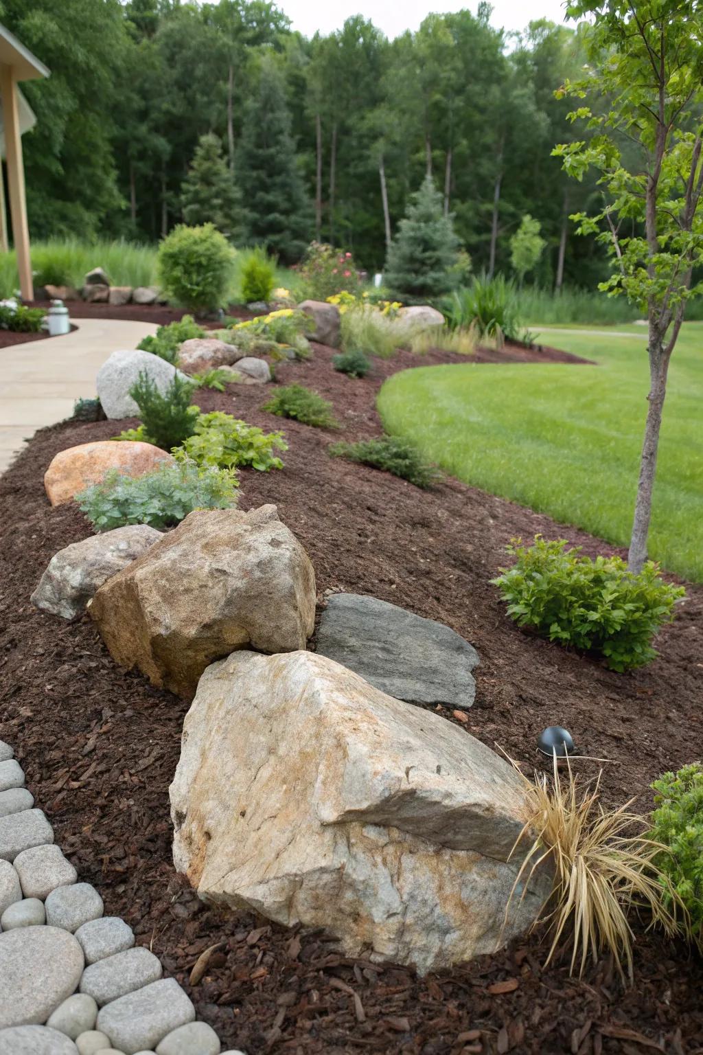 Mulch frames and highlights garden features beautifully.