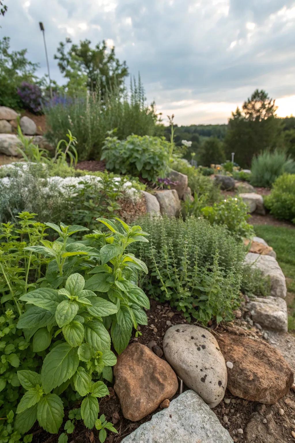 Herbs nestled among stones provide fragrance and beauty.