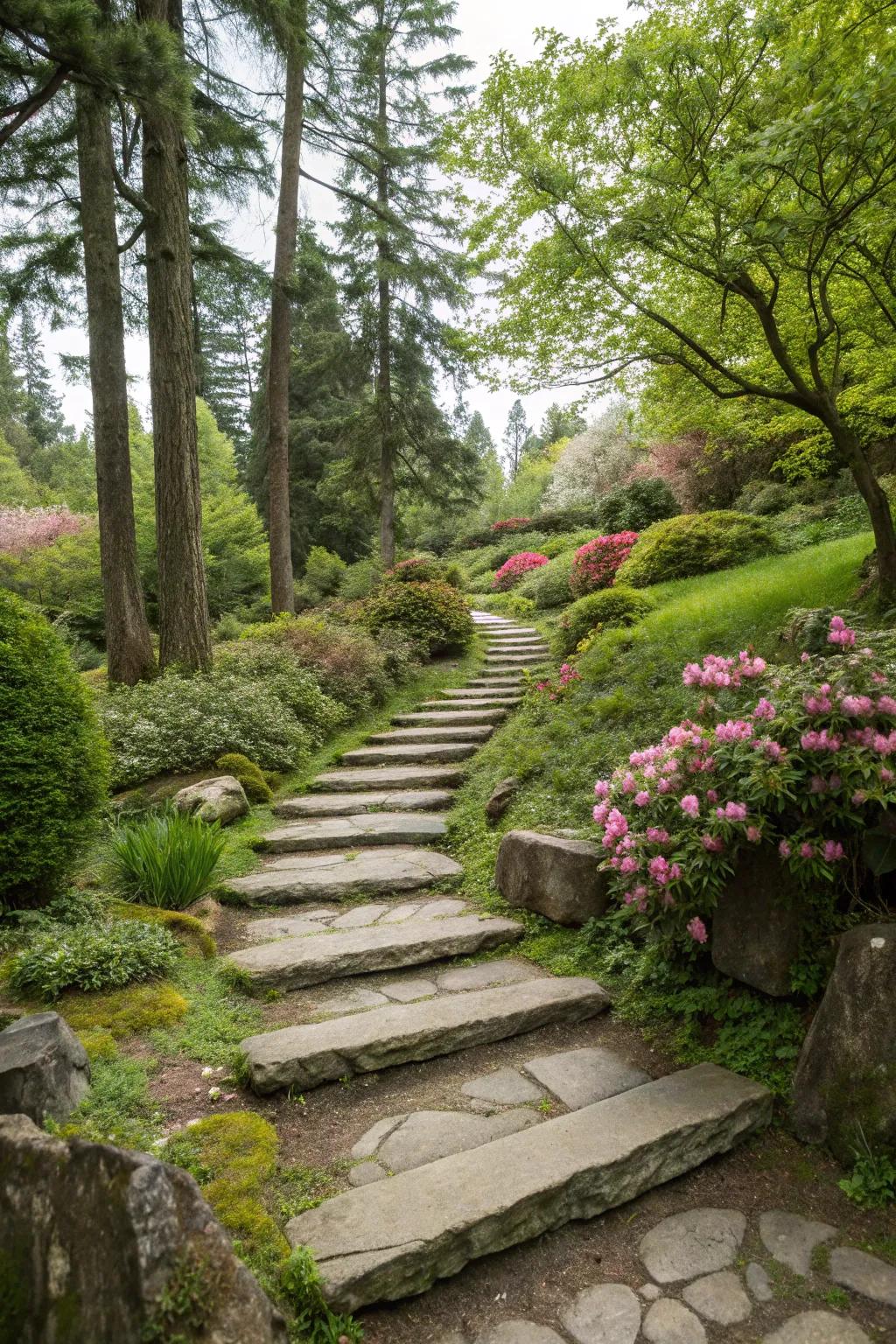 Raised stone steps add dimension and a playful element to garden paths.