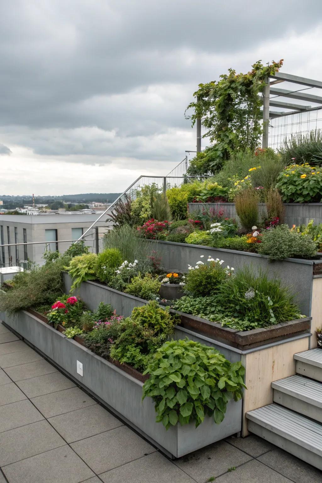 Multi-level planters add visual interest to your rooftop garden.