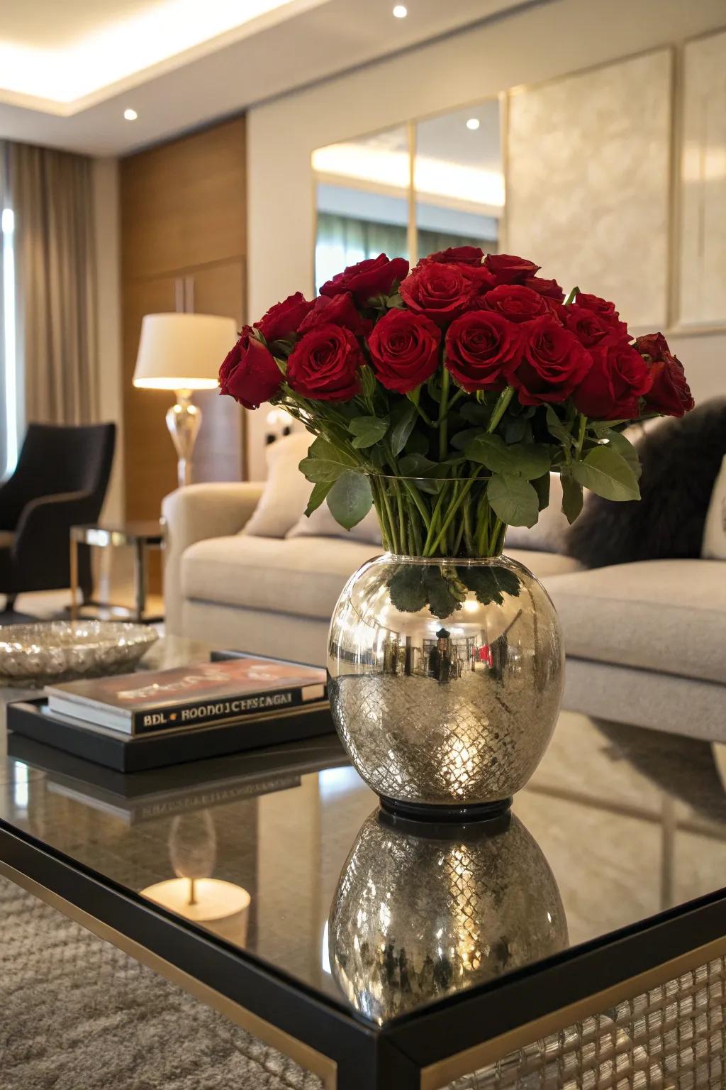 Fascinating reflections by way of roses nestled in a reflective vase.