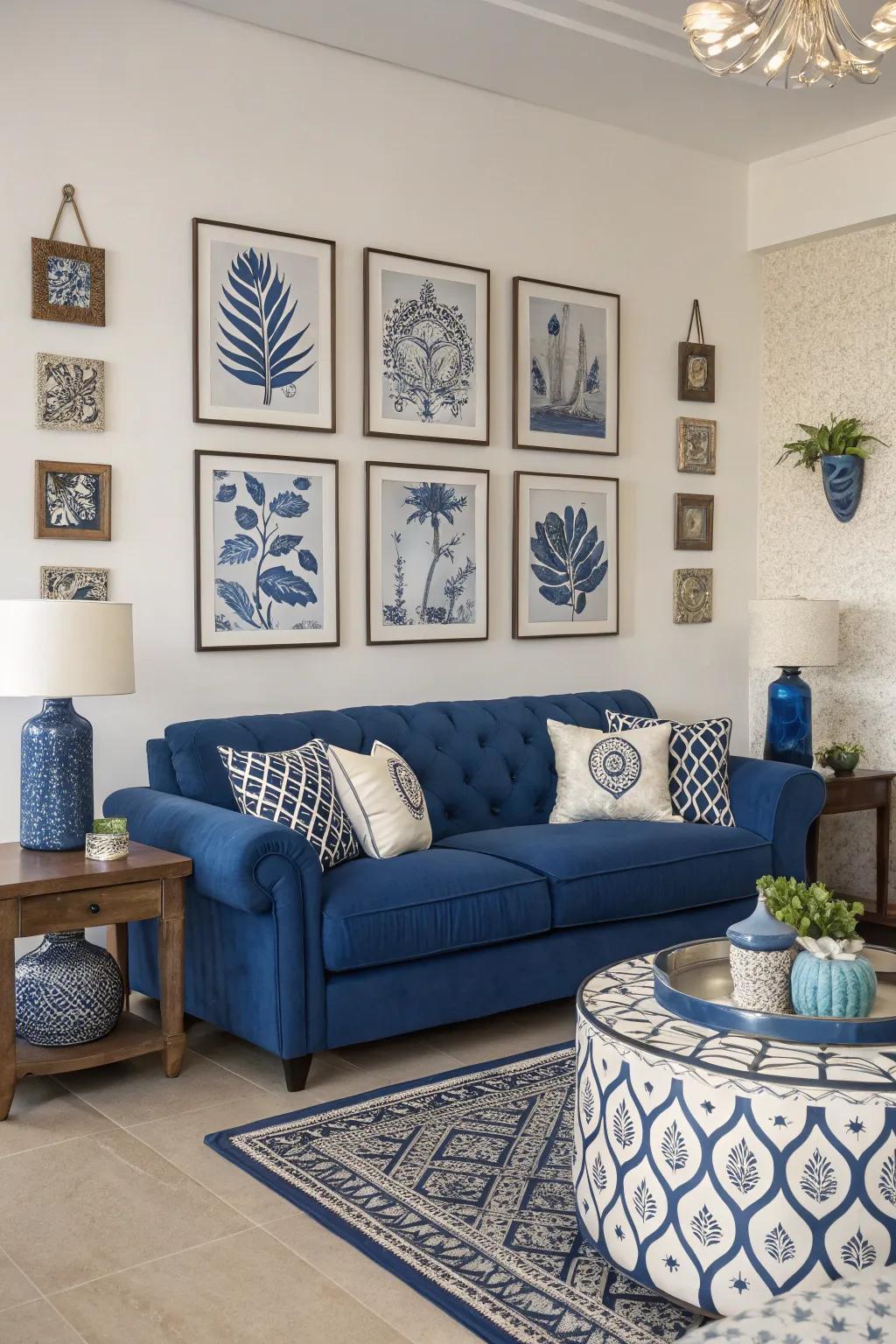 Artistic pieces showcasing blue tones enhance the cobalt settee, crafting a unified impression.