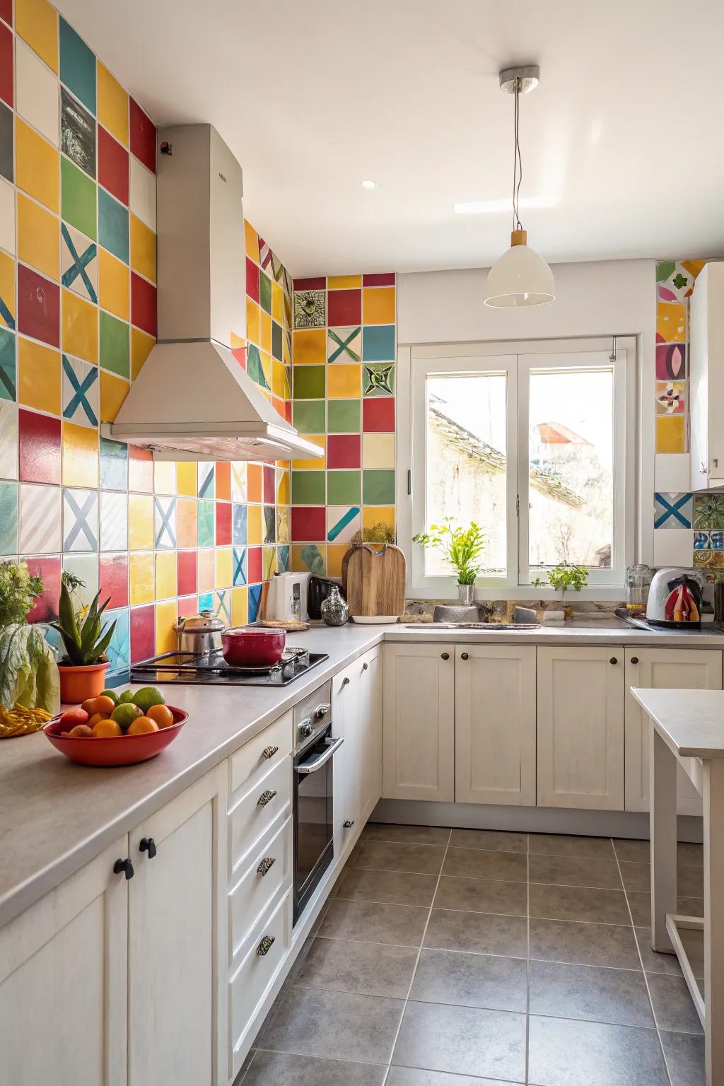 A striking backsplash becomes the centerpiece of the kitchen.