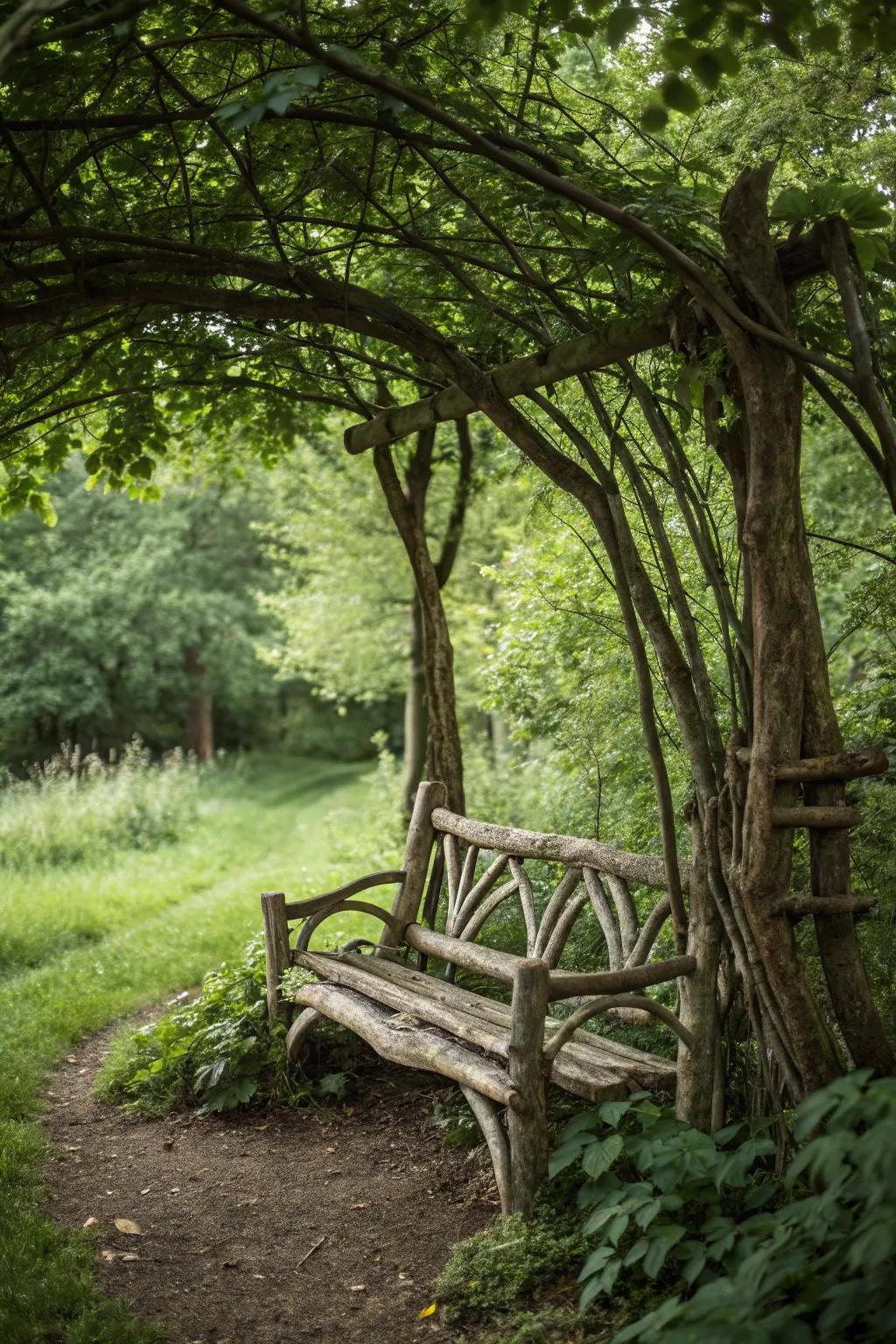 A garden bench assembled from natural branches and logs.