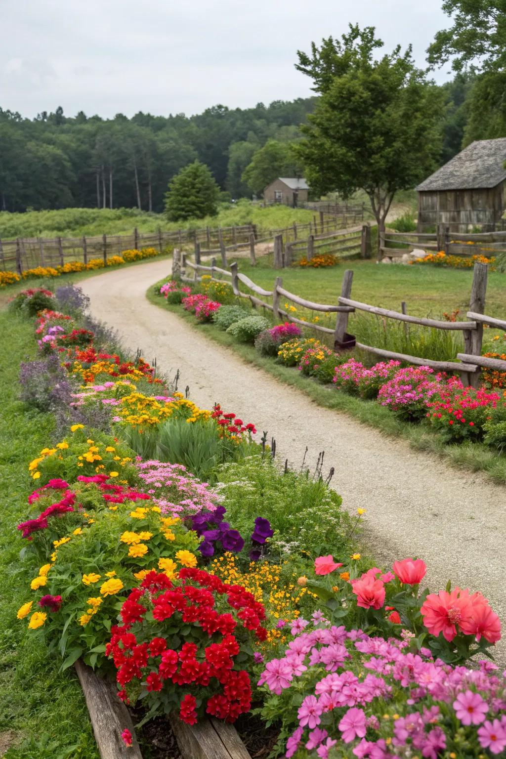 Colorful garden beds adding life to a rustic landscape.