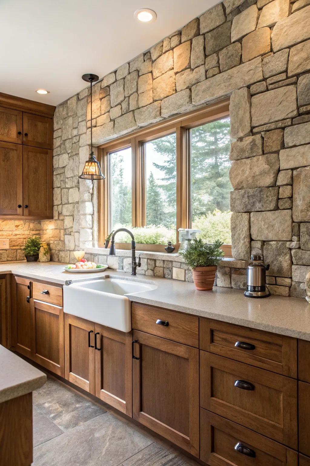 Stone backsplash adds a rustic charm to the modern kitchen.