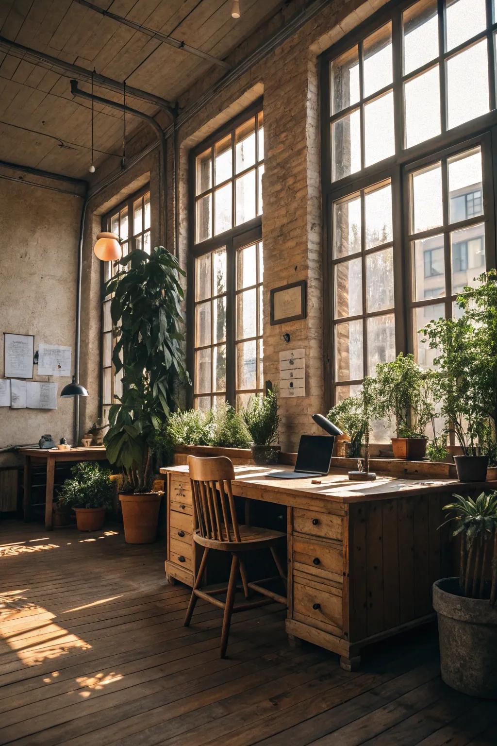 Natural light enhances the warm tones of a rustic office.