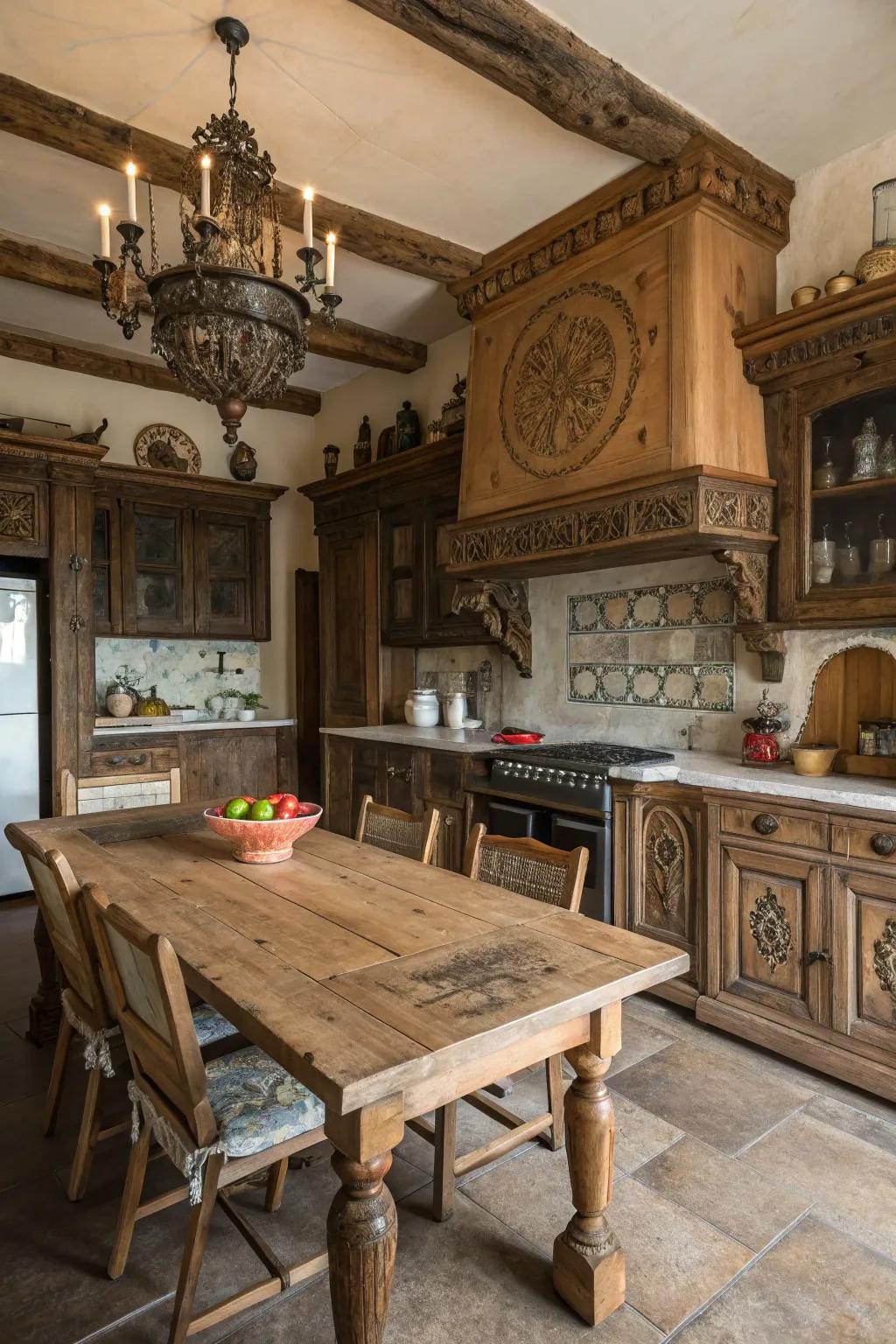 Detailed wood art adds rich details to this kitchen.