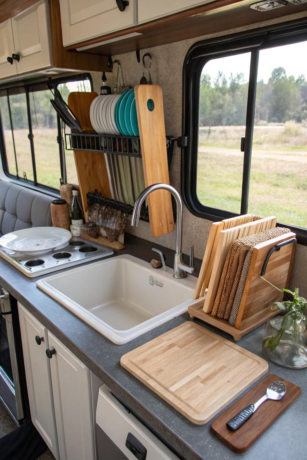 A workstation sink in an RV is set up for efficient multitasking.