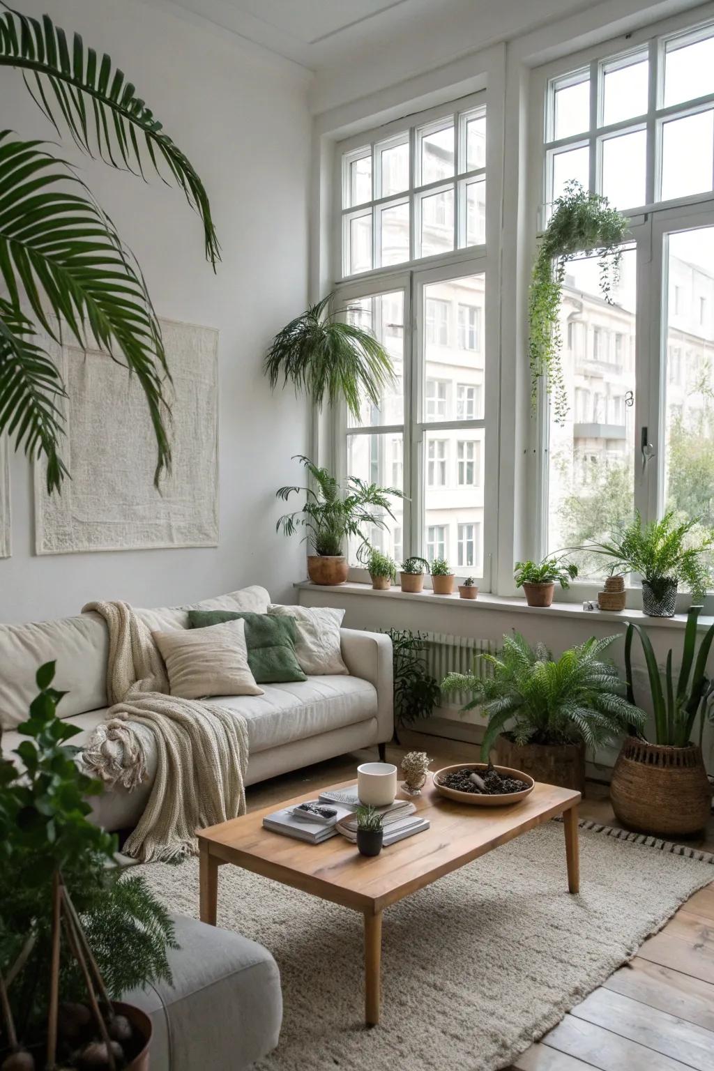 Greenery enhances the aesthetic and atmosphere of this Scandinavian living room.