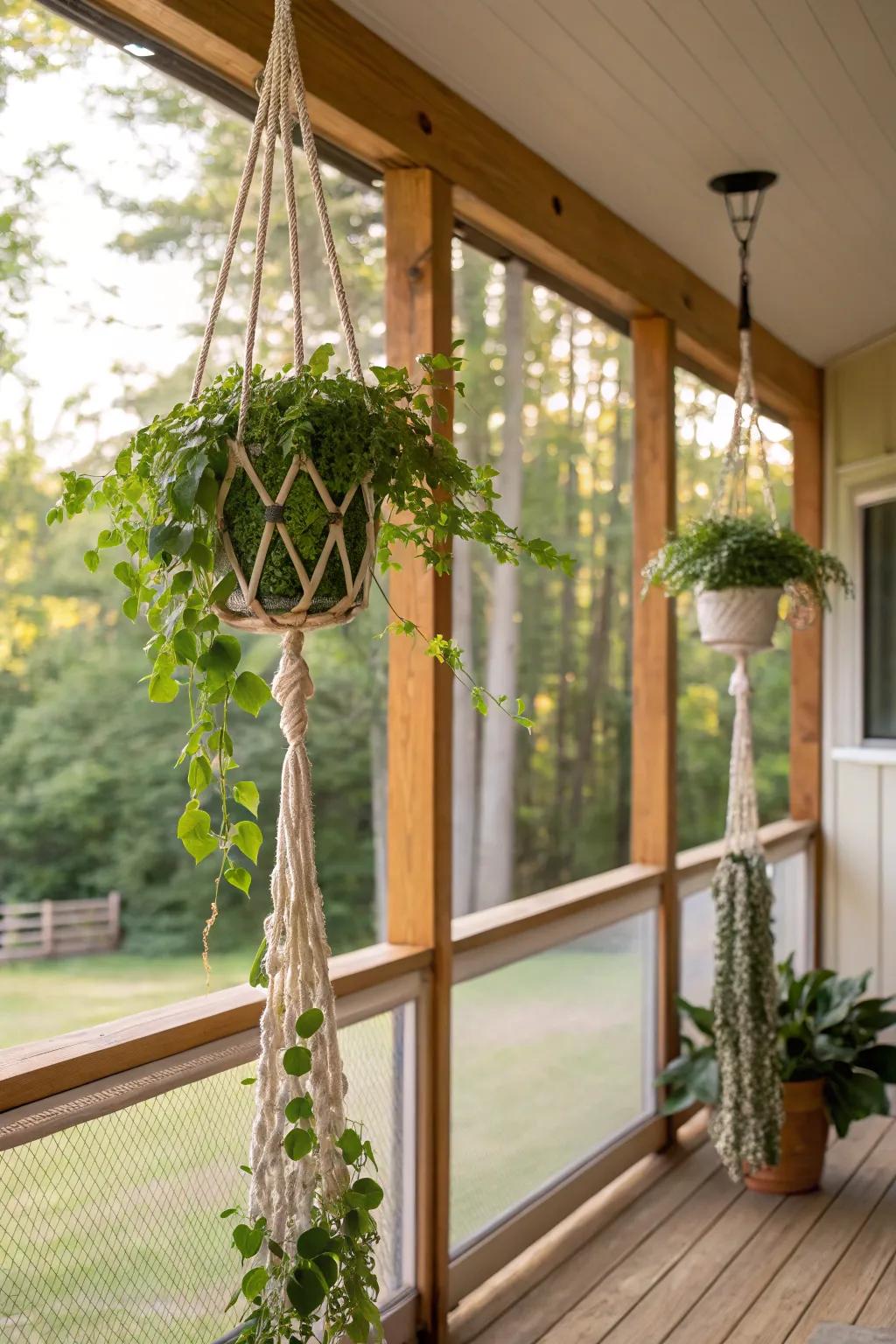 DIY macrame plant hangers add a boho vibe to the porch.