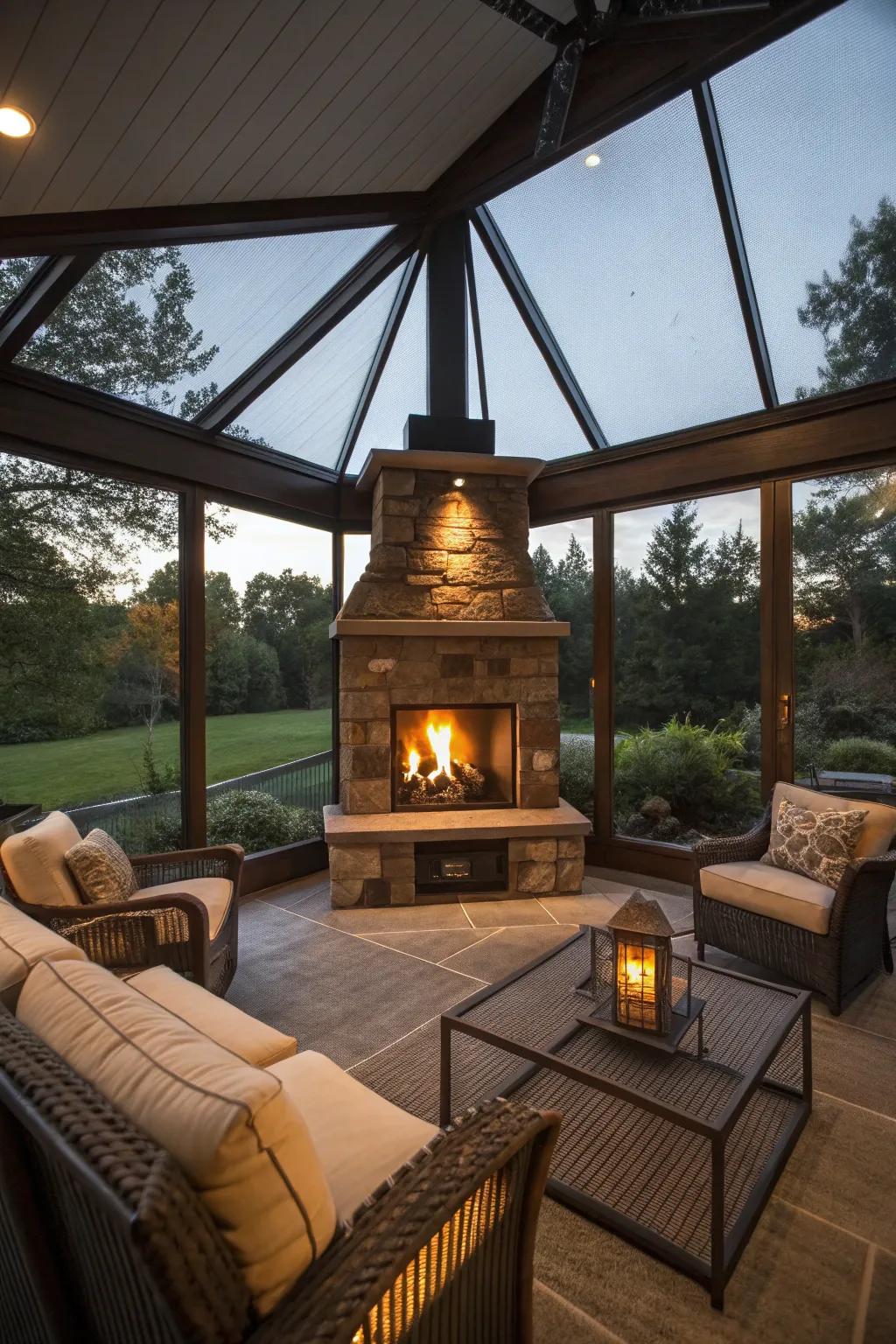 A welcoming fireplace in a lanai setting.