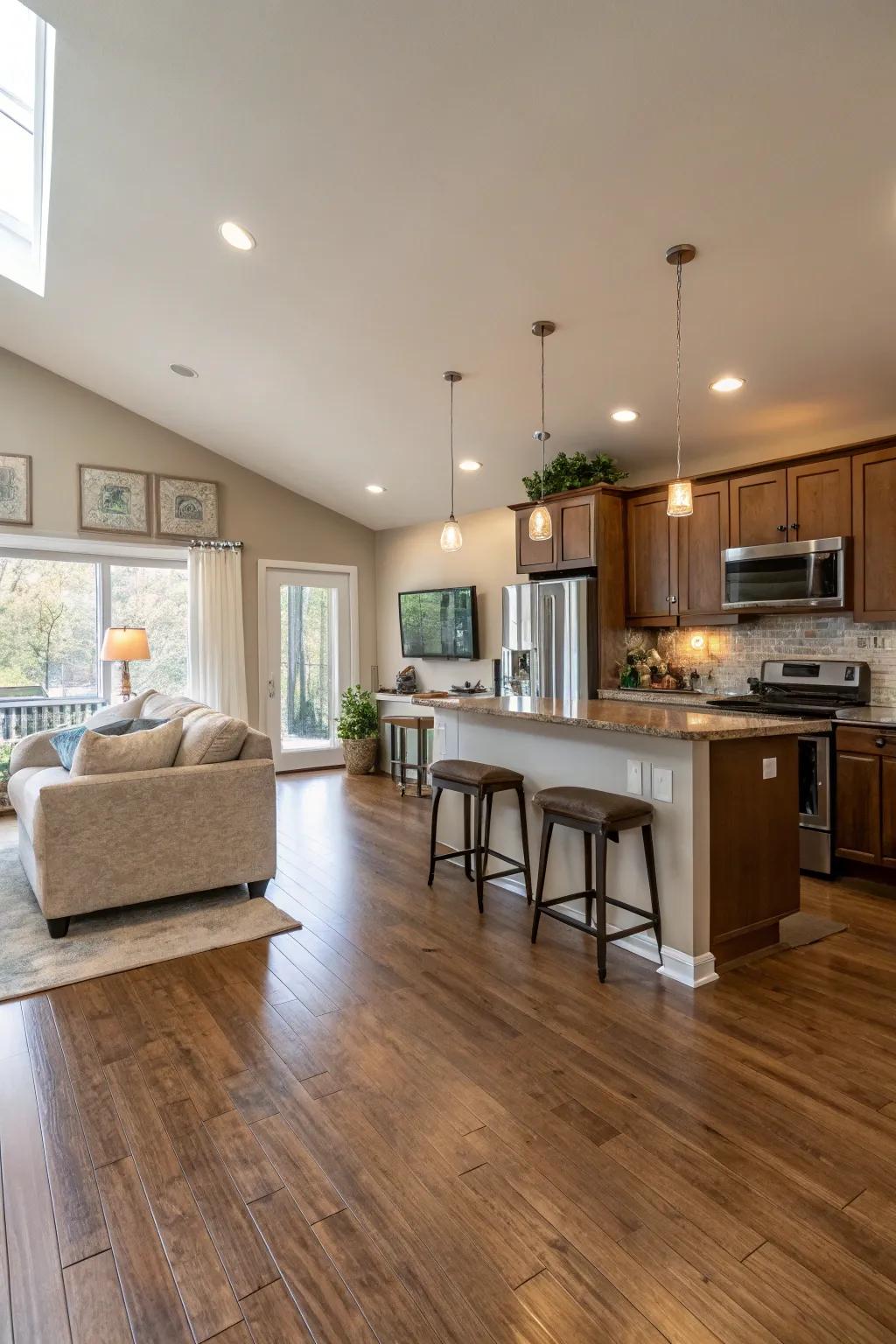 Continuous flooring provides a seamless transition between spaces.