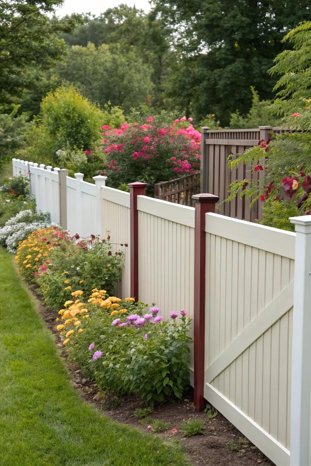 Dual-tone fencing establishes visual intrigue and depth within this vibrant garden setting.
