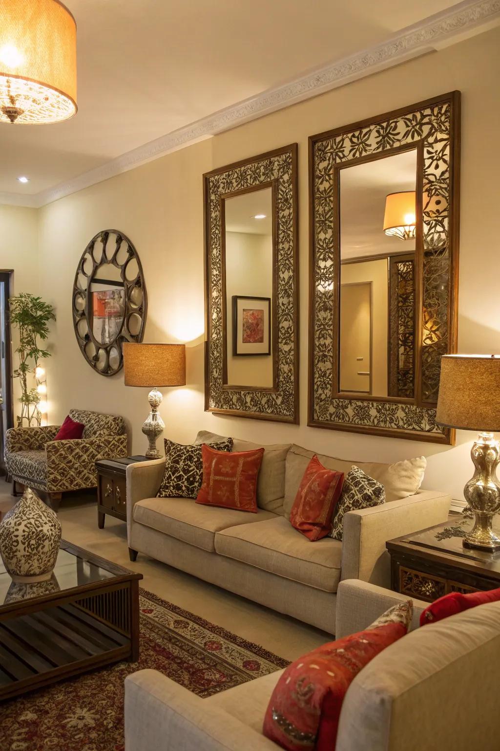 Mirrors enhance light and add an elegant touch to the room.