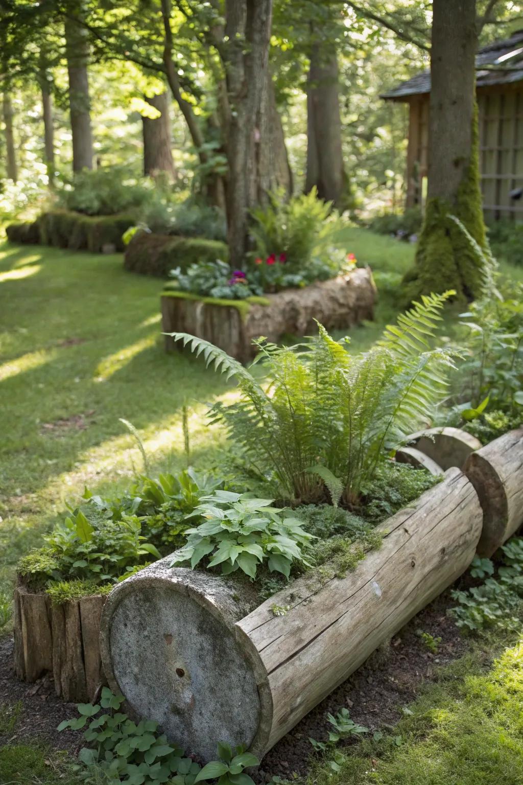 A shaded garden showcasing raw timber holders packed with ferns and forest floor sprouts.