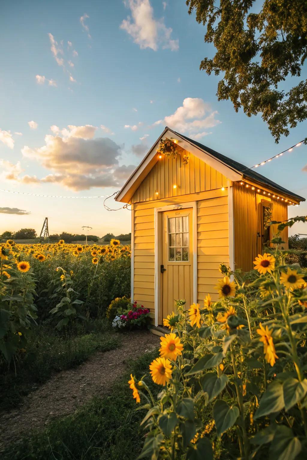 Warm yellow sheds create a sunny and joyful setting in your garden.
