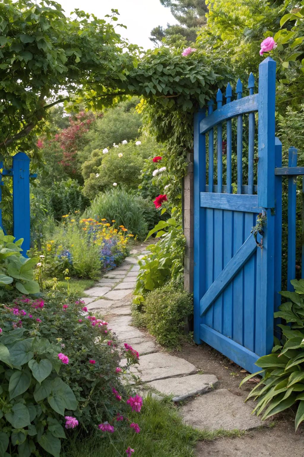 A vibrant entrance, bestowing a playful aspect onto the garden.