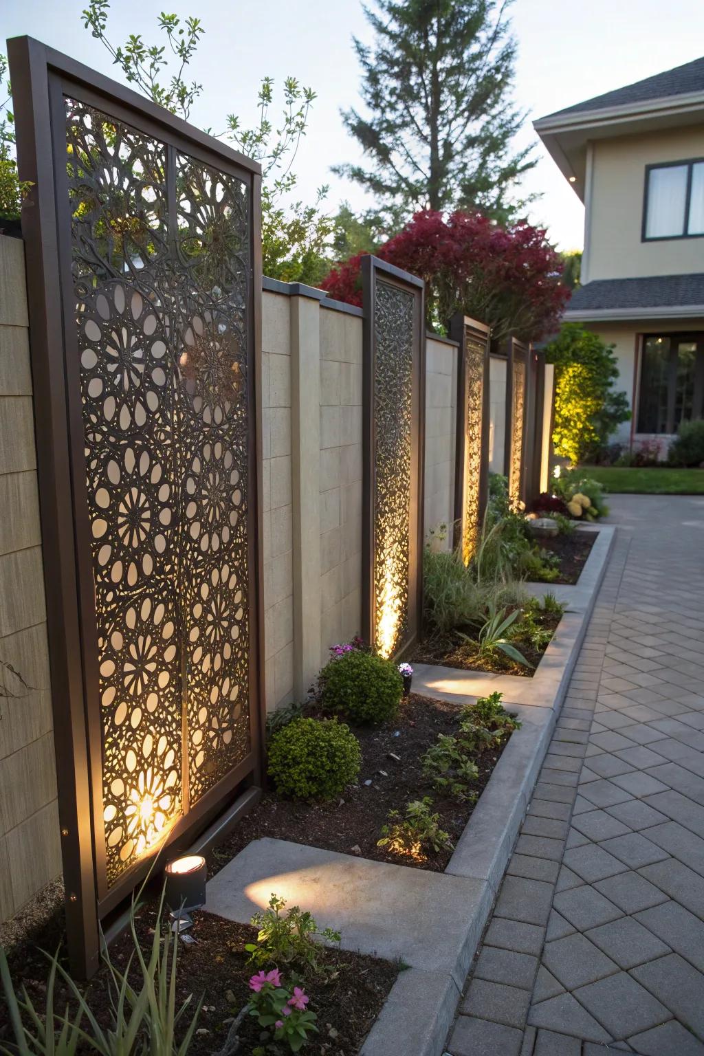 Artistic side yard with laser-cut panels.