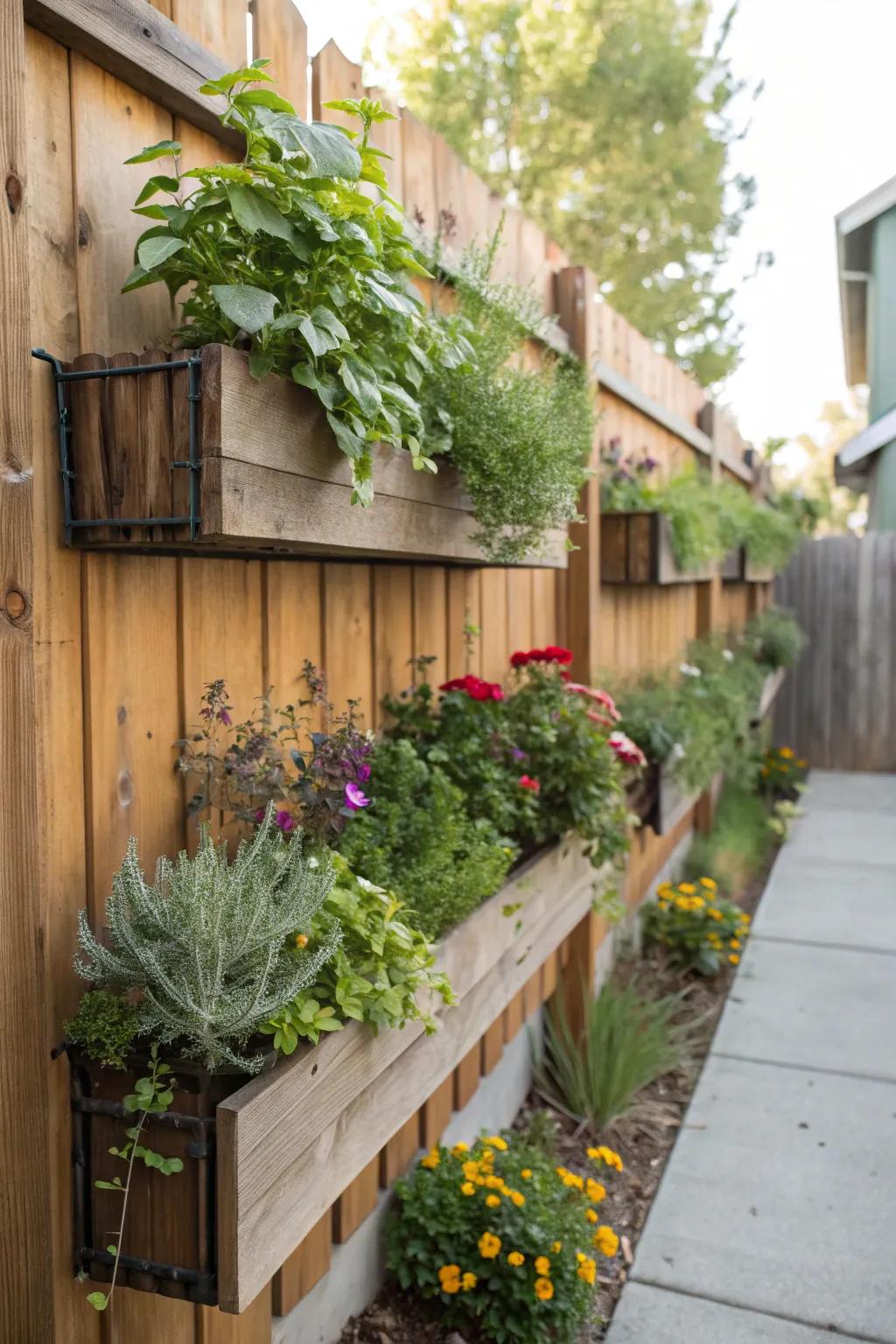 Skyward gardens creatively utilize fence space for added greenery.