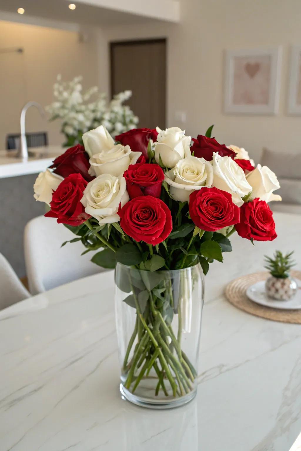 A striking dual-tone arrangement of crimson and ivory roses.