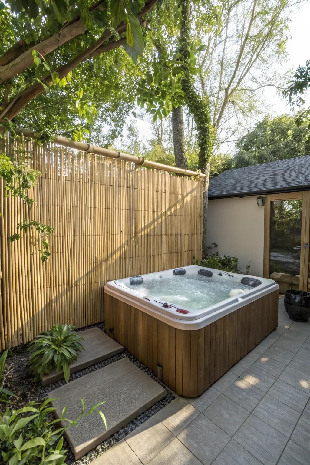A spa area with a bamboo privacy screen for a secluded atmosphere.
