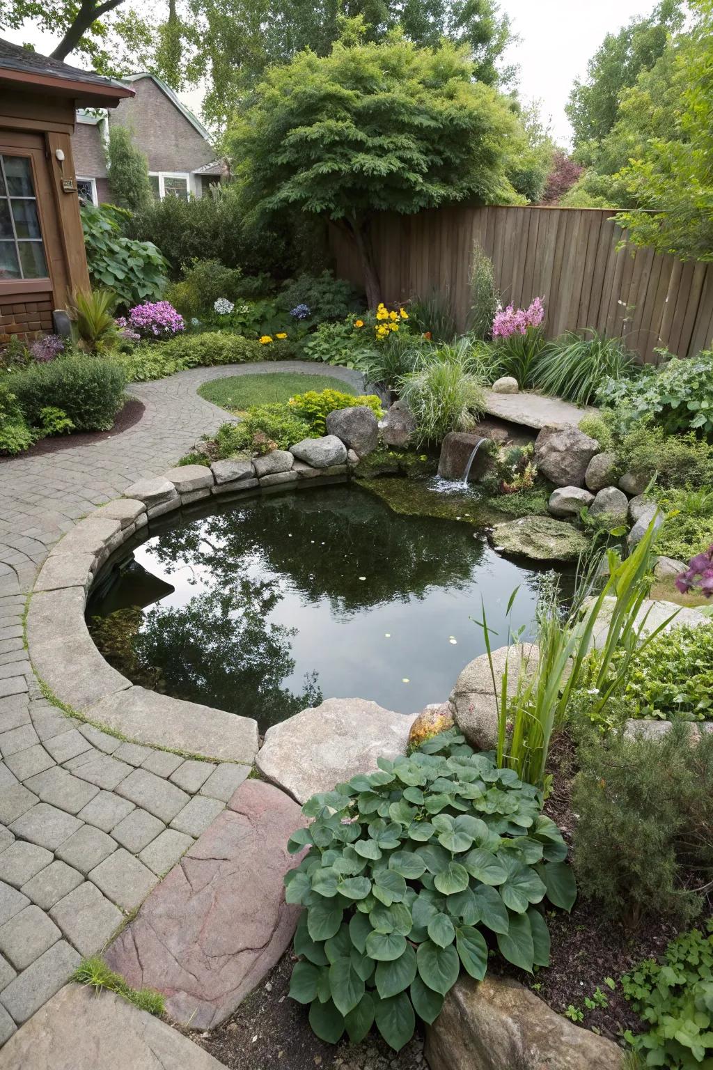 An oval-shaped pond that adds a unique touch to the garden.
