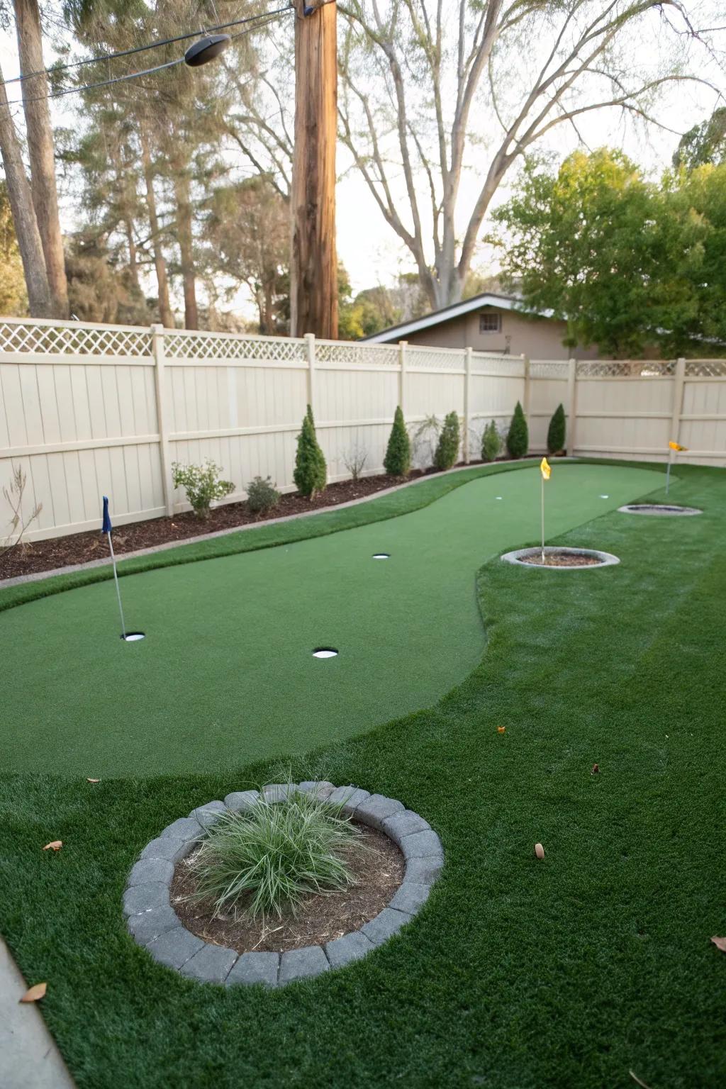 A putting green boasting multiple holes for a diverse golfing venture.