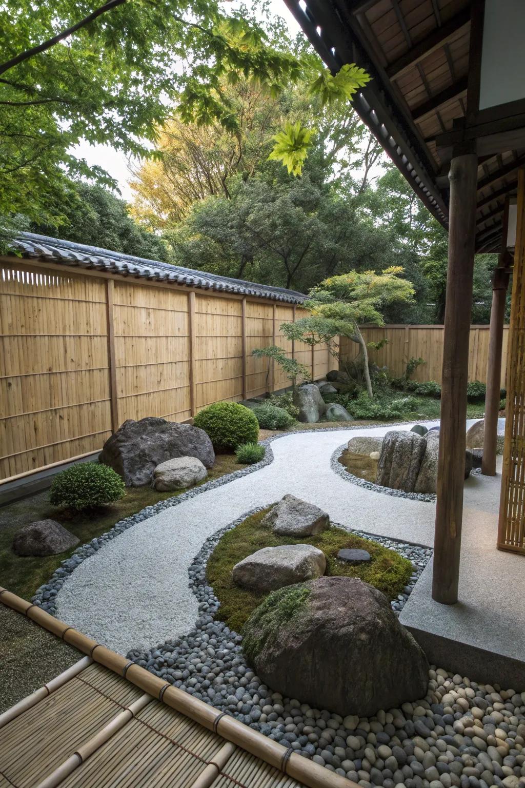A zen garden is adorned with bamboo screens that provide privacy and a spontaneous enclosure.