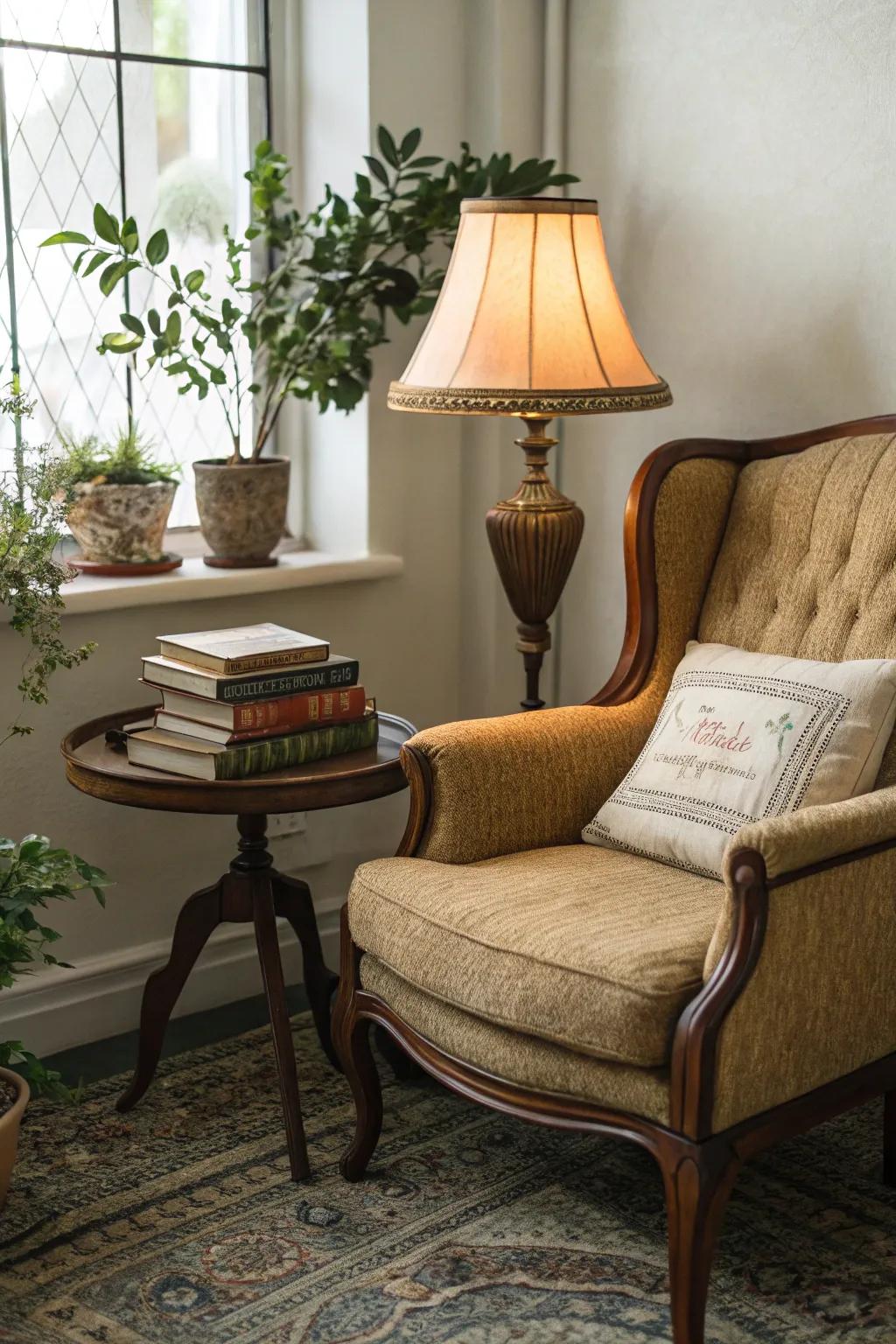 Vintage pieces bring character and warmth to your library.