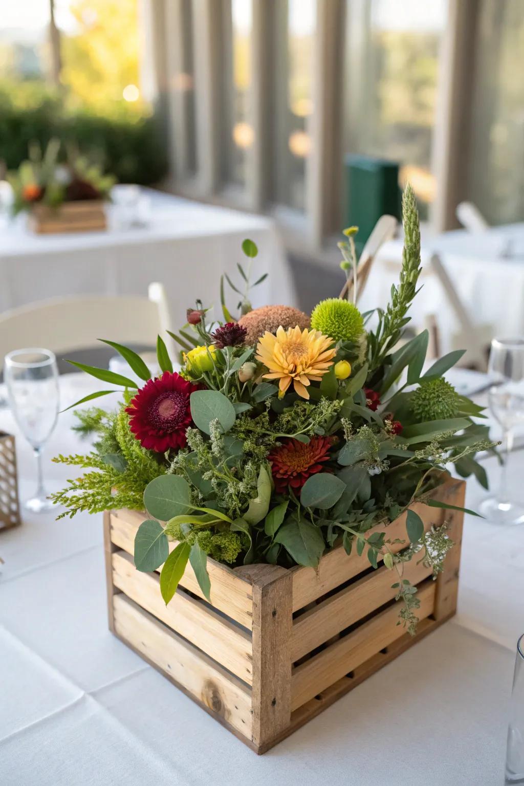 A rustic crate full of flowers creates a charming centerpiece.