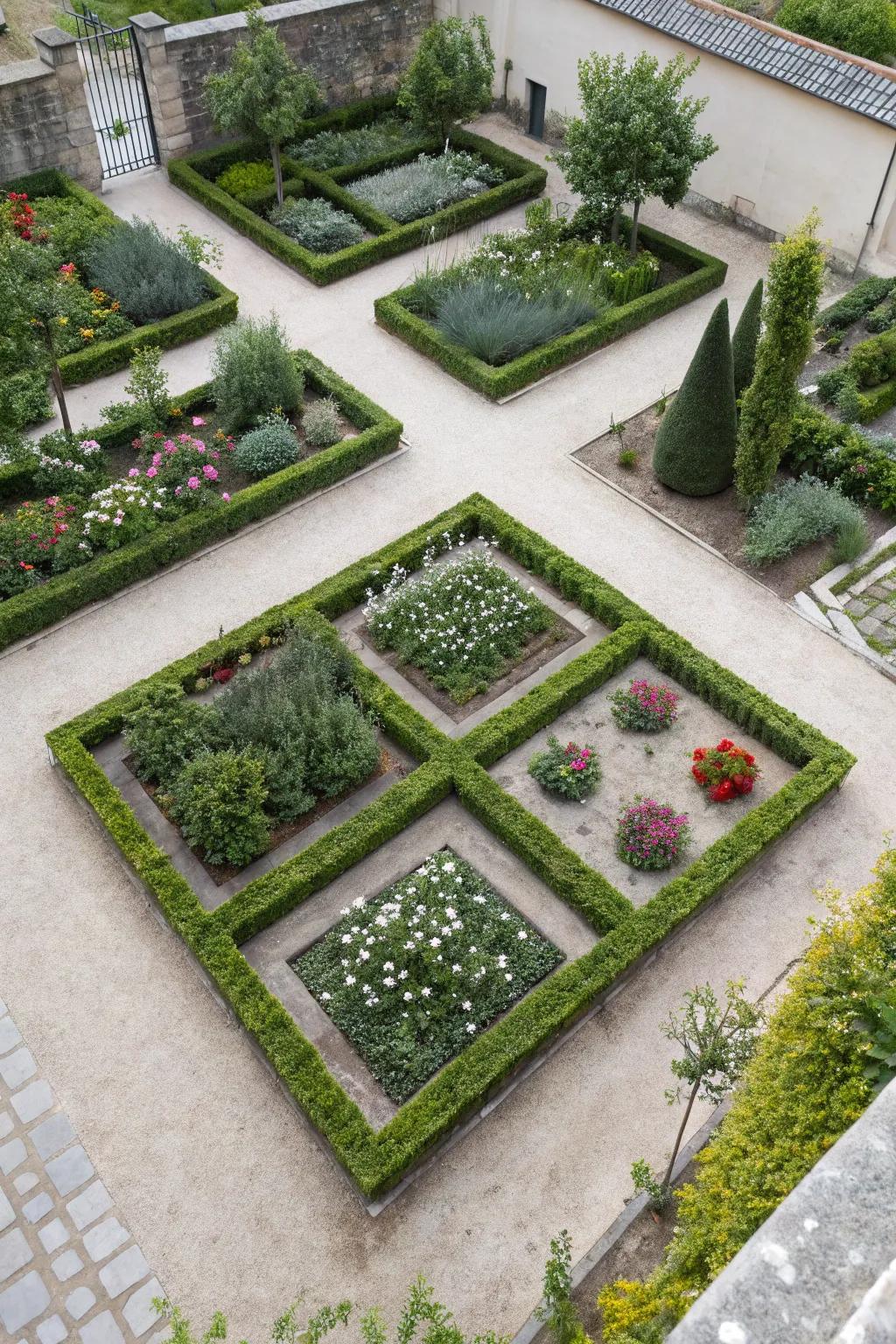 Transform your garden into a haven of geometric elegance with these artfully arranged plant beds.