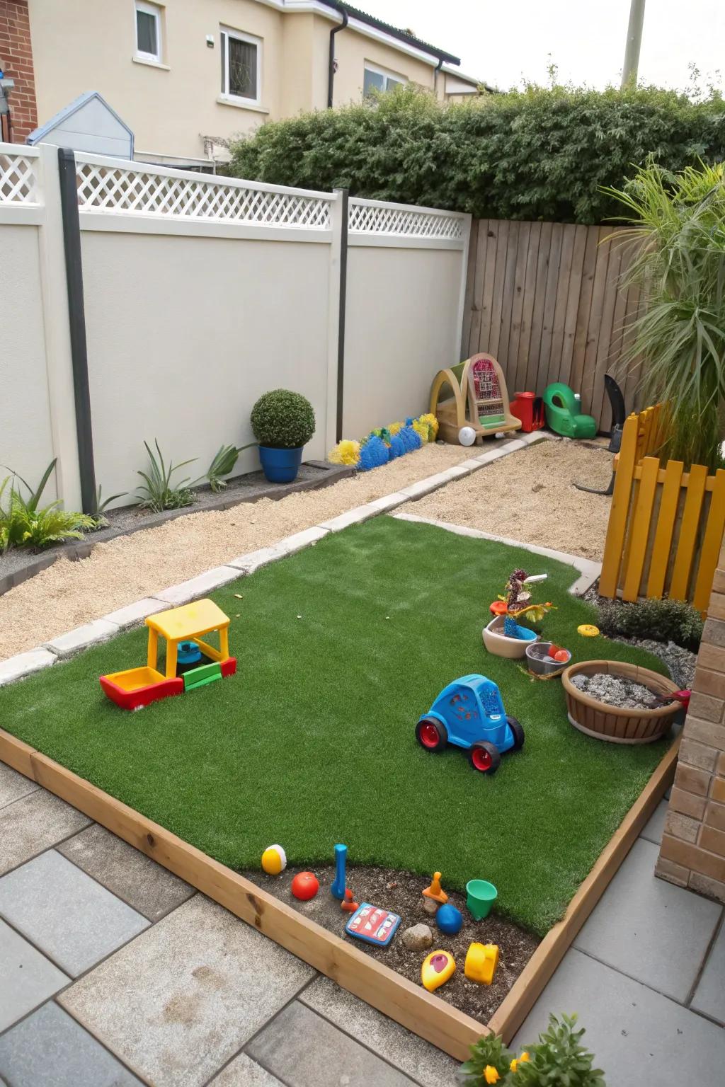 A delightful play zone for children featuring artificial turf.