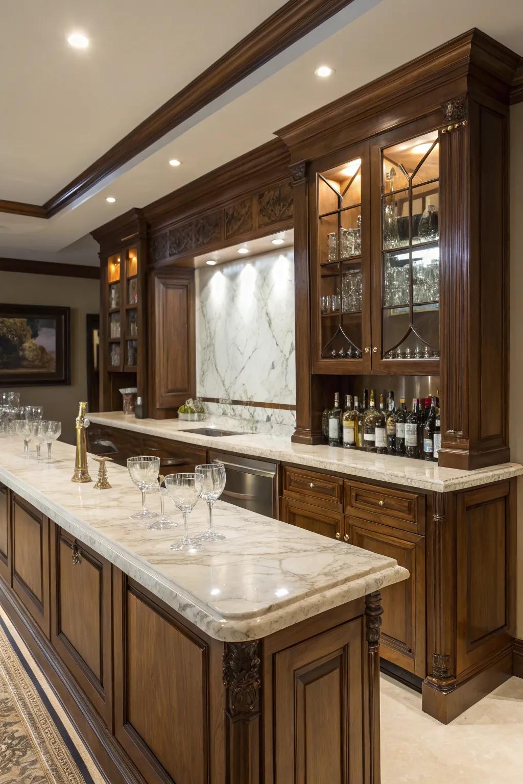 Any home bar configuration will benefit from the addition of high-end materials.