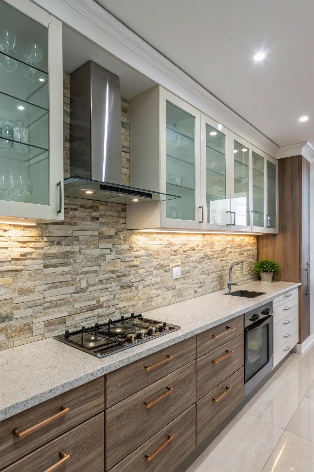 Create a unique look by mixing products in your backsplash.