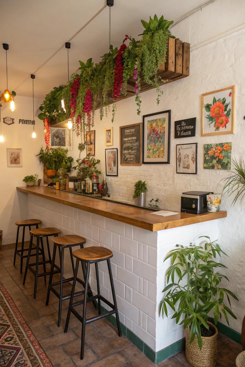 A small kitchen bar decorated with plants and artwork.