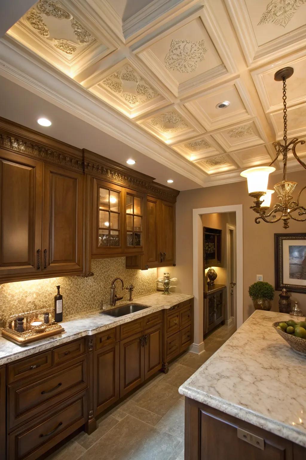 Coffered ceilings add a touch of classic elegance to small kitchens.